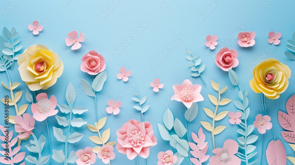 paper flowers on pastel background with copy space, papercut style ...