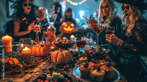 Halloween party with friends, pumpkins, candles, and festive food on a decorated table