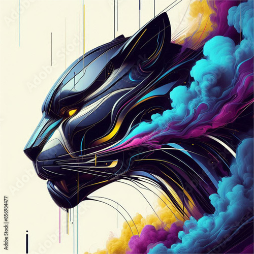 28. Majestic panther materializes from kaleidoscopic smoke, its ebony fur shimmering in mystical aura - a captivating, otherworldly vision. photo