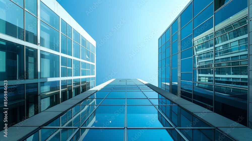 Obraz premium Modern glass skyscrapers reaching for the sky. Architectural elegance and urban design. Futuristic and sleek buildings with reflective windows. Ideal for business and technology themes. AI