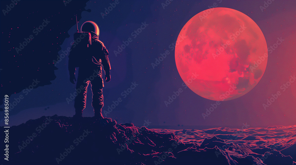 Fototapeta premium Astronaut Exploring Planet at Sunset. A mesmerizing image capturing the silhouette of an astronaut standing on the rugged surface of an alien planet, with a gigantic, crater-filled planet looming in 
