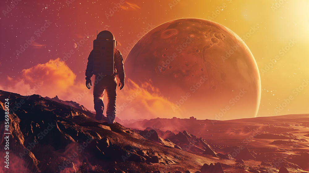 A mesmerizing image capturing the silhouette of an astronaut standing on the rugged surface of an alien planet, with a gigantic, crater-filled planet looming in the background. A mesmerizing image capturing the silhouette of an astronaut standing on the rugged surface of an alien planet, with a gigantic, crater-filled planet looming in the background.
