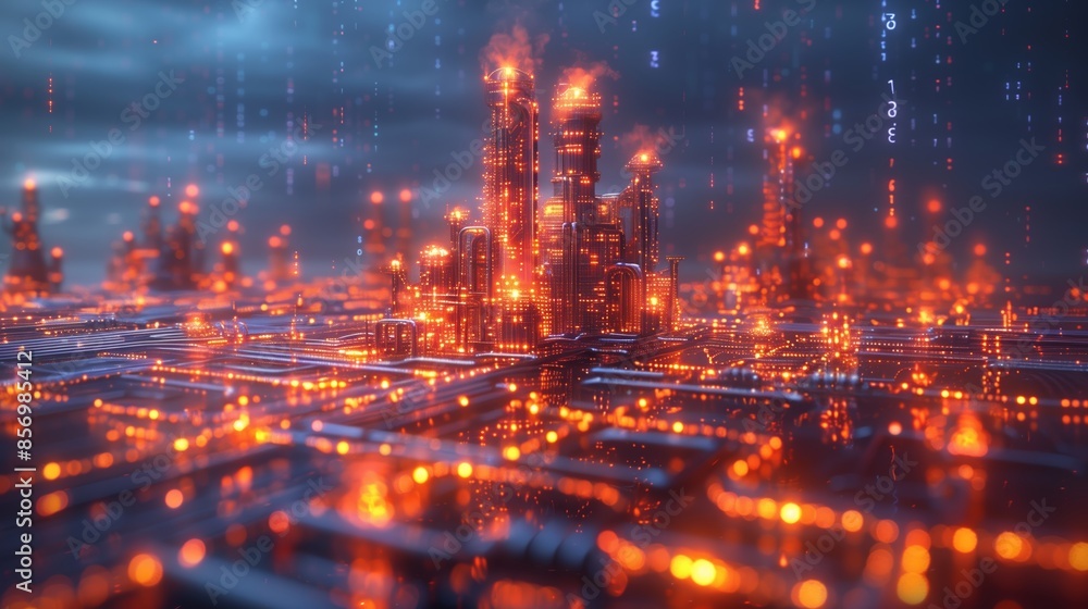 Futuristic Cityscape With Illuminated Towers and Digital Rain