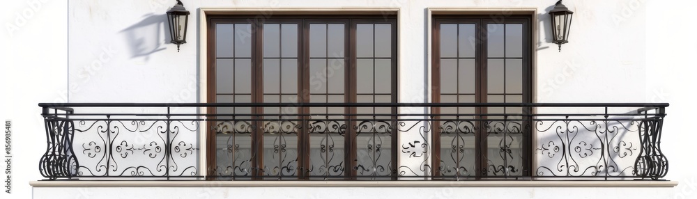 Exterior view of French doors leading to a balcony with ornate wrought iron railings, ideal for a stylish outdoor space, isolated on a white background Exterior view of French doors leading to a balcony with ornate wrought iron railings, ideal for a stylish outdoor space, isolated on a white background
