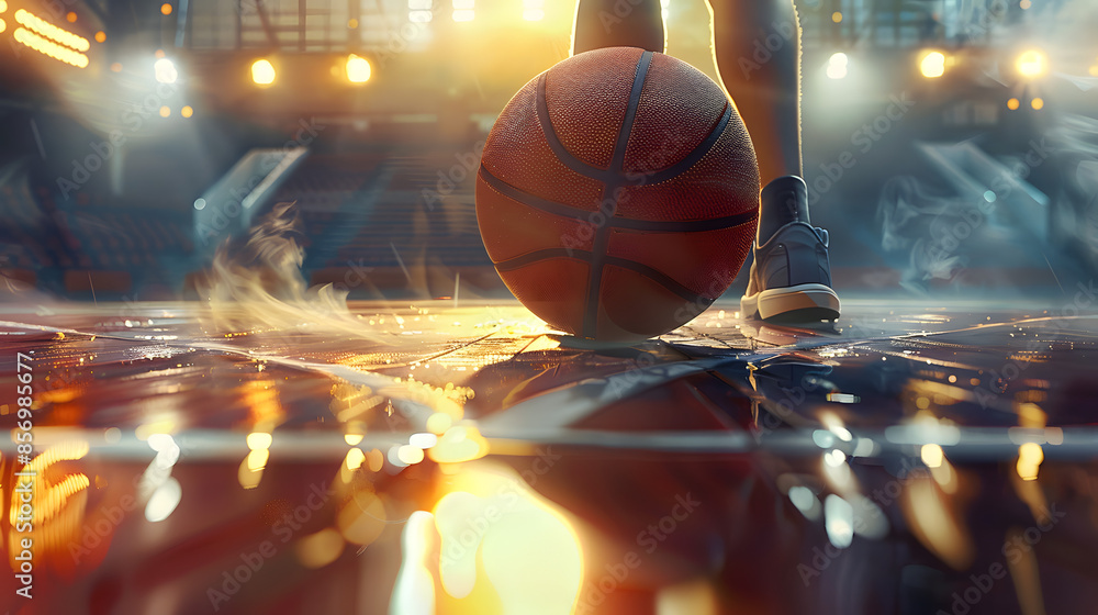 A basketball on a sunlit outdoor court, capturing the energy and passion of the game with a warm, golden glow illuminating the scene A basketball on a sunlit outdoor court, capturing the energy and passion of the game with a warm, golden glow illuminating the scene
