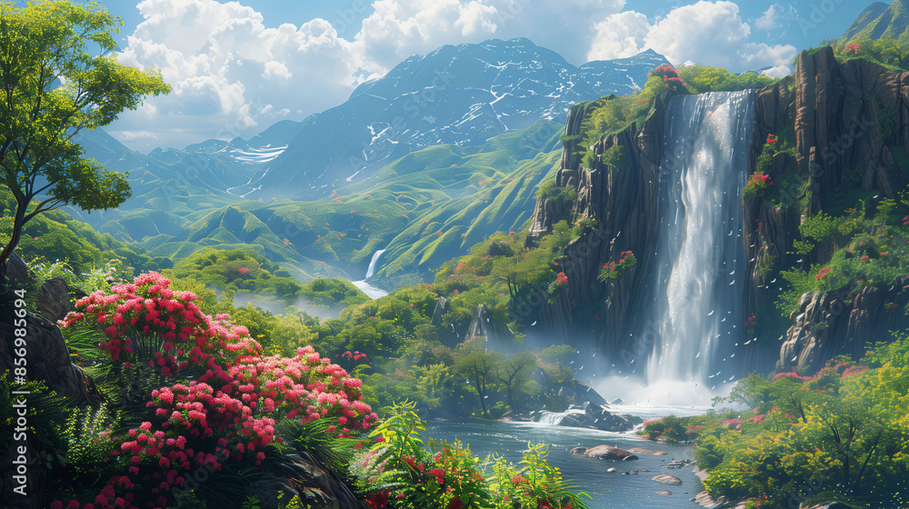 A beautiful paradise land full of flowers, rivers and waterfalls A beautiful paradise land full of flowers, rivers and waterfalls