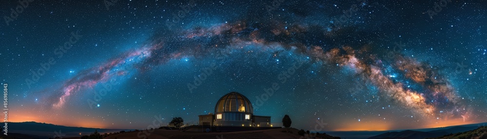 Stunning Panoramic View of the Milky Way Galaxy Over an Observatory at Night Stunning Panoramic View of the Milky Way Galaxy Over an Observatory at Night