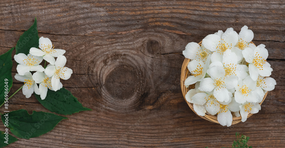 A banner with a wooden background and white jasmine flowers with copy space in the center A banner with a wooden background and white jasmine flowers with copy space in the center