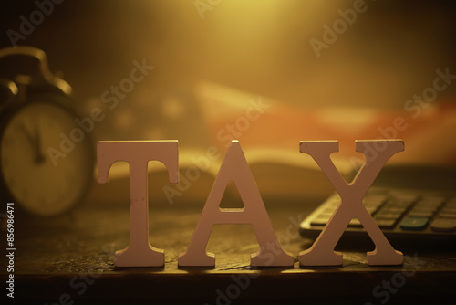 Financial Concept with TAX Letters on Wood Desk and Alarm Clock in Background photo