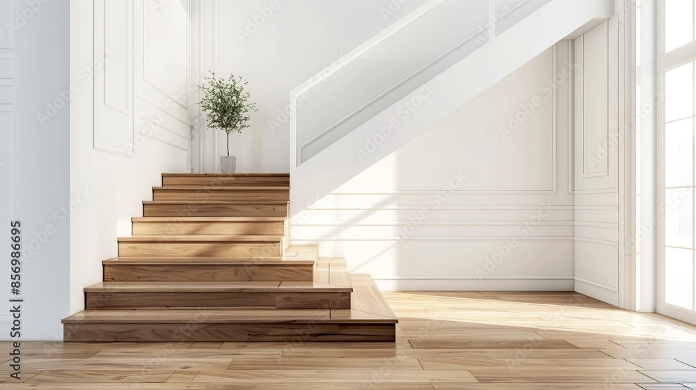 Modern minimalist wooden staircase in bright home interior design. Sunlight filtering through large windows illuminates the space. Perfect for contemporary living inspiration. AI. Modern minimalist wooden staircase in bright home interior design. Sunlight filtering through large windows illuminates the space. Perfect for contemporary living inspiration. AI.
