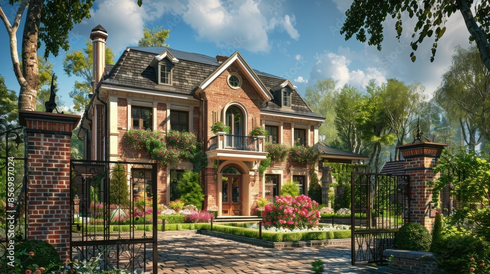 Fototapeta premium Quaint house with a brick facade, elegant bay windows, a wrought iron gate, and a beautiful rose garden, ideal for a classic and inviting look