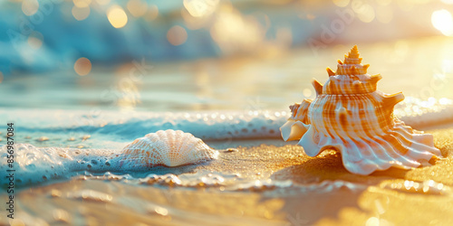 Fototapeta Naklejka Na Ścianę i Meble -  A beautiful sea shell on the beach with golden sand and waves in background