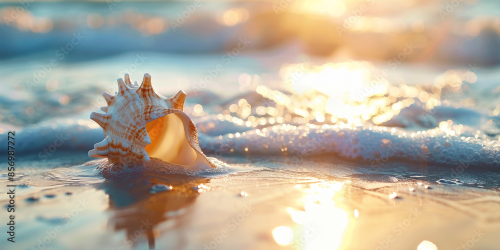 A beautiful sea shell on the beach with golden sand and waves in background A beautiful sea shell on the beach with golden sand and waves in background
