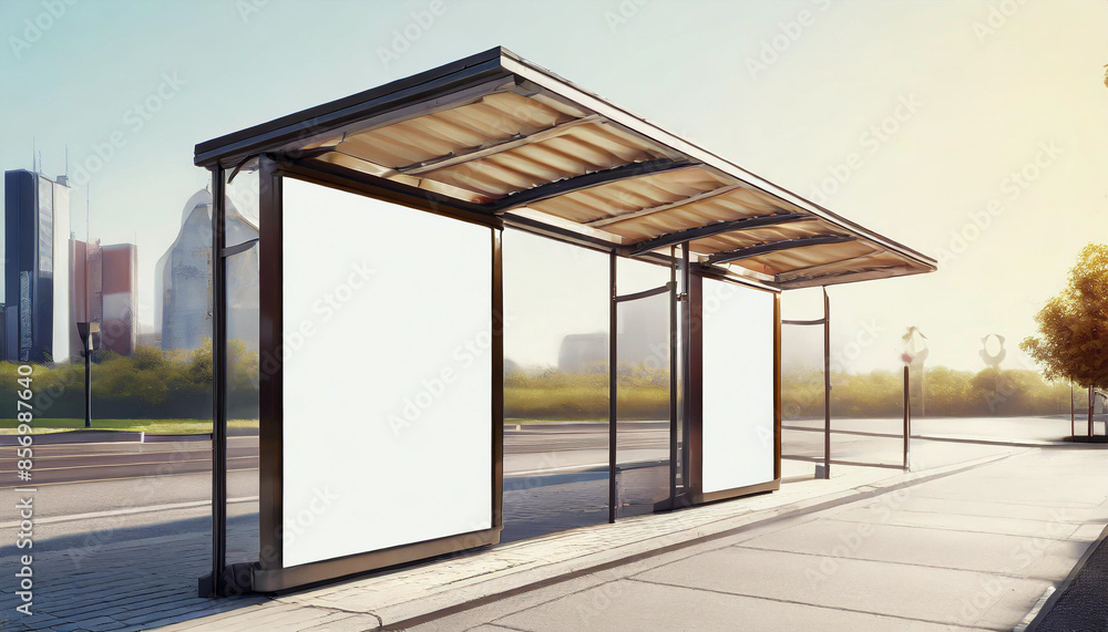 White bus stop billboard poster in a station with cars in moving in the background, Front view, mockup concept blank poster, city traffic White bus stop billboard poster in a station with cars in moving in the background, Front view, mockup concept blank poster, city traffic