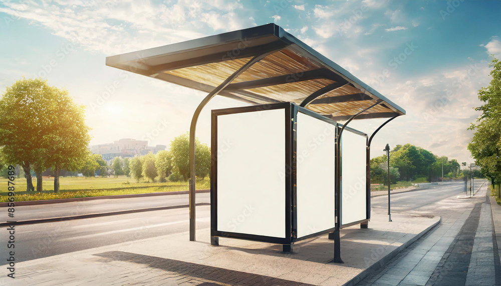 White bus stop billboard poster in a station with cars in moving in the background, Front view, mockup concept blank poster, city traffic White bus stop billboard poster in a station with cars in moving in the background, Front view, mockup concept blank poster, city traffic