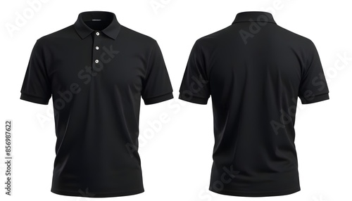 A black polo shirt with a collar and buttons, shown from the front and back views