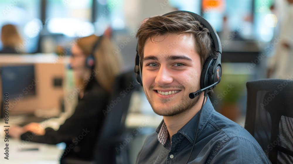 Friendly male customer service representative wearing a headset in a modern office setting Friendly male customer service representative wearing a headset in a modern office setting