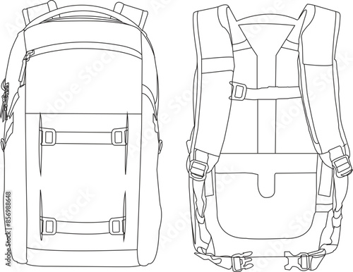 Backpack icon, Bacpacker, Backpack school bag icon set. Vector graphic illustration. Suitable for website design. Backpack fashion flat technical drawing template isolated