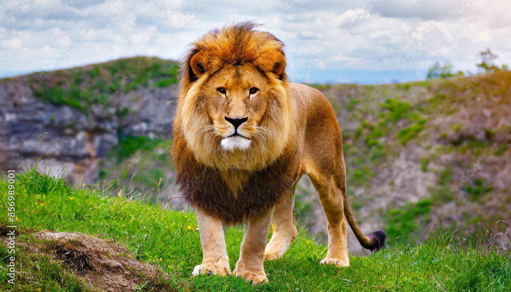 Strong and confident lion on a hill Lioness relaxing on the rock with blue sky in background African Lion Standing on Mossy Rock Strong and confident lion on a hill Lioness relaxing on the rock with blue sky in background African Lion Standing on Mossy Rock