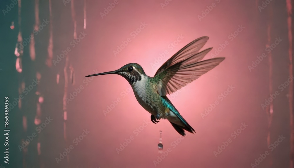 Fototapeta premium Hummingbird in Flight Against Pink Background.