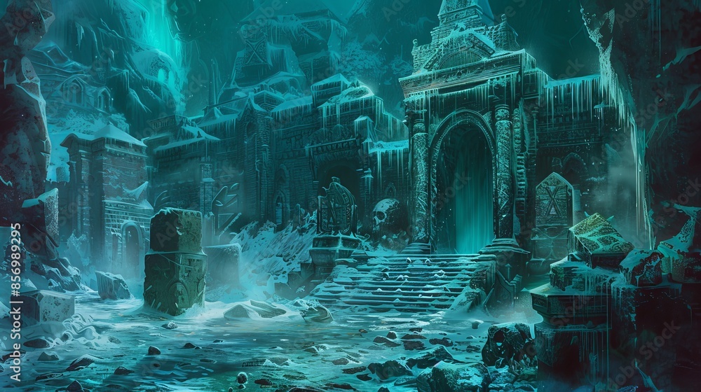 Concept art illustrating a frozen necropolis Concept art illustrating a frozen necropolis