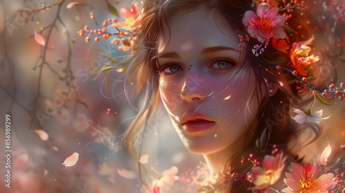 A fantasy portrait of a woman with flowers entwined in her hair, set against a dreamy, blurred background