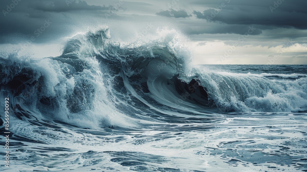 Powerful ocean waves crashing with immense force, creating a dramatic and dynamic scene with foamy water and turbulent motion under a cloudy sky. Powerful ocean waves crashing with immense force, creating a dramatic and dynamic scene with foamy water and turbulent motion under a cloudy sky.