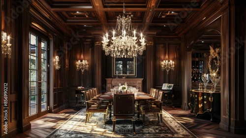 Wallpaper Mural Beautiful formal dining room in an English manor house with a magnificent chandelier, dark oak paneling, and a long dining table, ideal for gatherings Torontodigital.ca