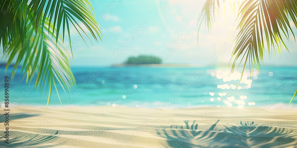 Obraz premium Beautiful summer background with palm leaves and sandy beach