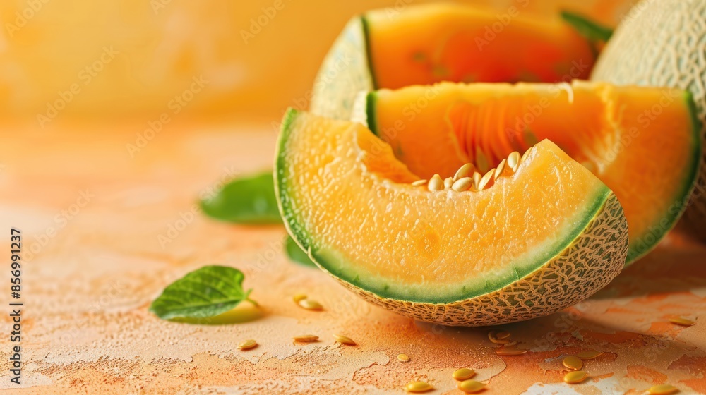 Freshly Cut Melon Half Isolated on Orange Background - Seasonal Summer Fruit with Seeds Freshly Cut Melon Half Isolated on Orange Background - Seasonal Summer Fruit with Seeds