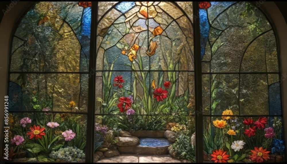 Fototapeta premium Stained Glass Window Depicting a Garden.