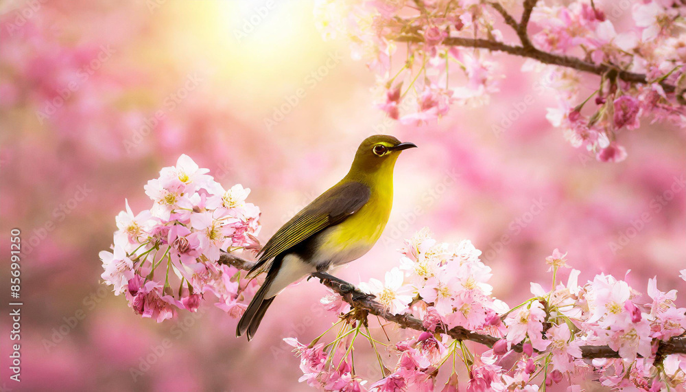 Flock of birds are singing happily on the branches of a tree with spring flower blossoms and sun light , spring season background Flock of birds are singing happily on the branches of a tree with spring flower blossoms and sun light , spring season background