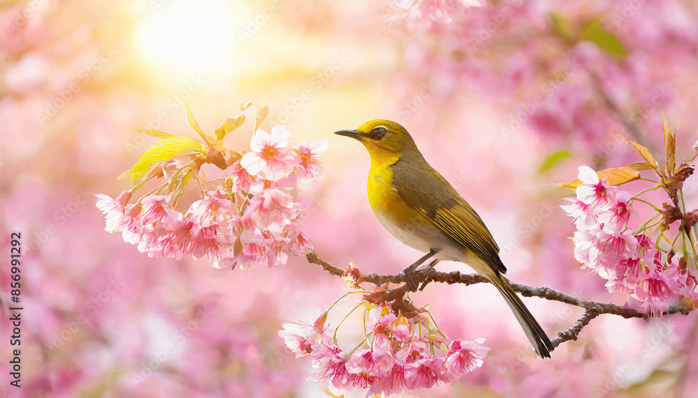 Flock of birds are singing happily on the branches of a tree with spring flower blossoms and sun light , spring season background Flock of birds are singing happily on the branches of a tree with spring flower blossoms and sun light , spring season background