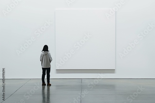 Person Observing Blank Canvas in Minimalist Art Gallery. Visitor Standing in Front of Large Empty Frame in Modern Exhibition