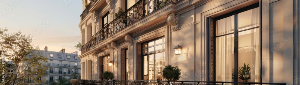 Refined Haussmannstyle architecture with tall windows, wrought iron railings, and a limestone exterior, showcasing classic Parisian style Refined Haussmannstyle architecture with tall windows, wrought iron railings, and a limestone exterior, showcasing classic Parisian style