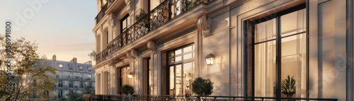 Refined Haussmannstyle architecture with tall windows, wrought iron railings, and a limestone exterior, showcasing classic Parisian style