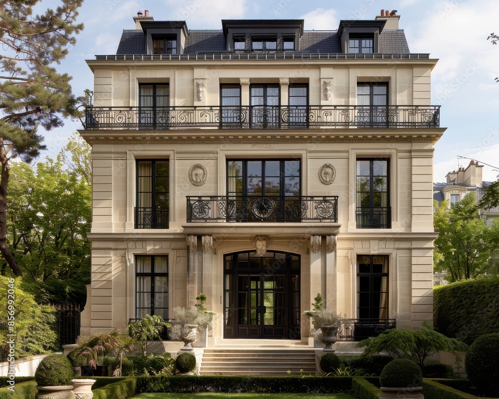 Stunning Haussmannstyle architecture with tall windows, elegant wrought iron railings, and a limestone exterior, capturing timeless Parisian charm Stunning Haussmannstyle architecture with tall windows, elegant wrought iron railings, and a limestone exterior, capturing timeless Parisian charm