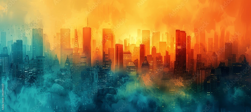 Fototapeta premium Spectacular Watercolor Painting of Abstract Urban Cityscape in Orange and Teal