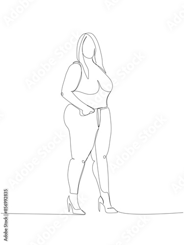 overweight girl in tight trousers and heels one line art. Continuous line drawing of body positive, overweight, plus size model, XL, health, fashion, self acceptance.