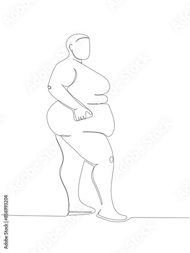 extremely obese woman one line art. Continuous line drawing of body positive, overweight, plus size model, XL, health, fashion, self acceptance.