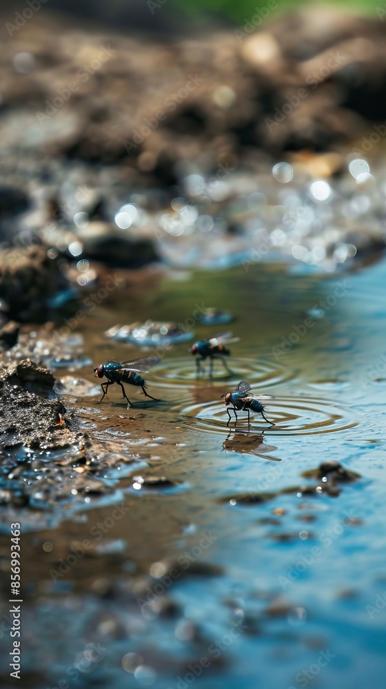 flies walking on the dirty water flies walking on the dirty water