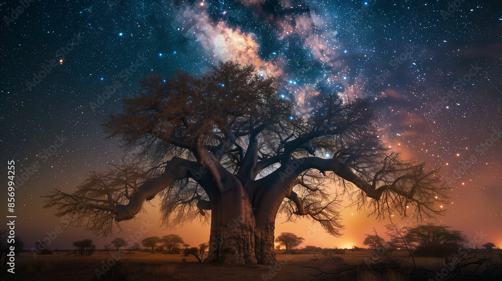 African Baobab tree with a starlit Milky Way night sky Stock ...