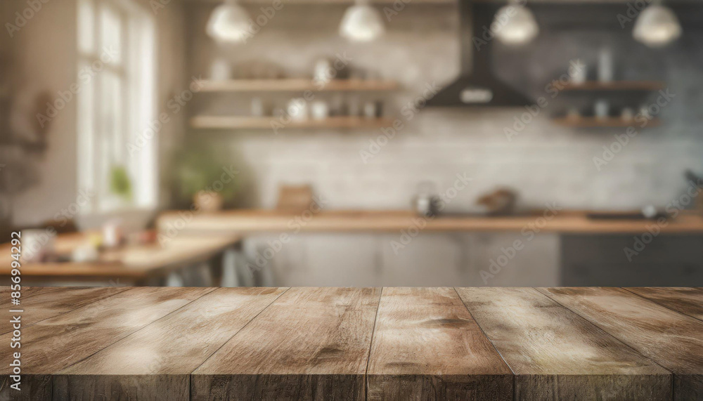 Wooden table on blurred kitchen bench background. Empty wooden table and blurred kitchen background Wooden table on blurred kitchen bench background. Empty wooden table and blurred kitchen background