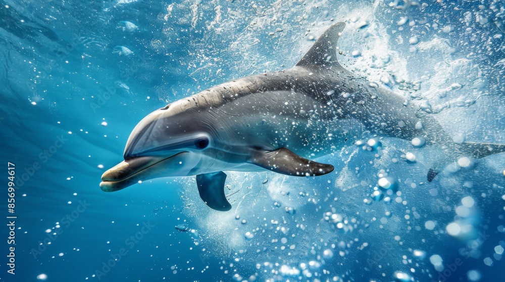 Obraz premium A dolphin diving underwater with bubbles trailing behind, captured in a moment of agility.