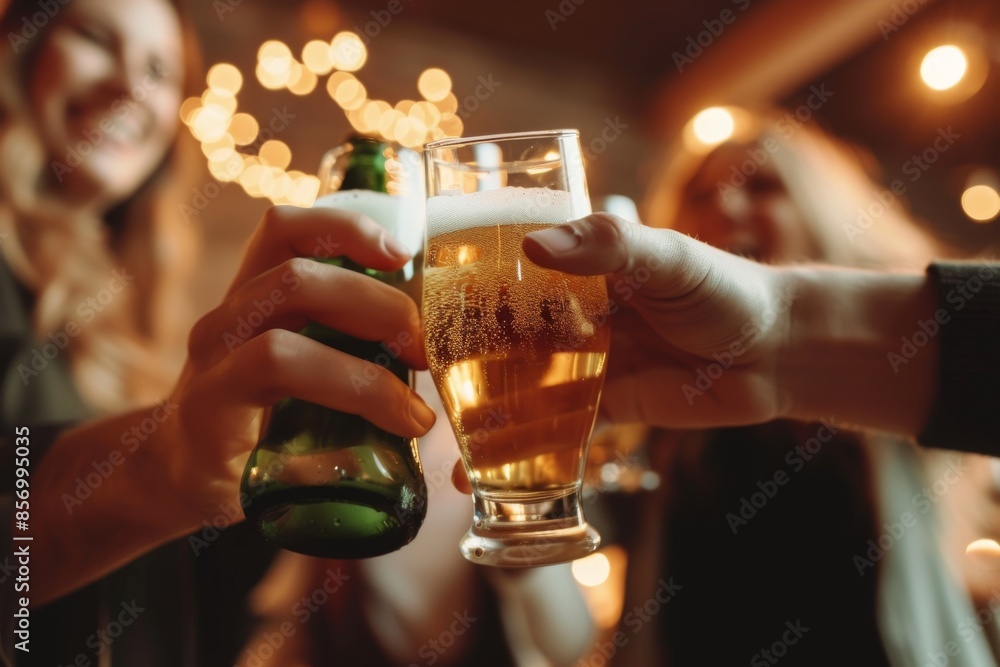 Close up of unrecognizable people toasting with beer Close up of unrecognizable people toasting with beer