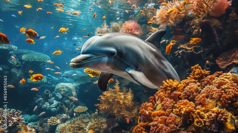 Fototapeta premium A dolphin swimming near a coral reef, surrounded by colorful fish and vibrant underwater scenery.