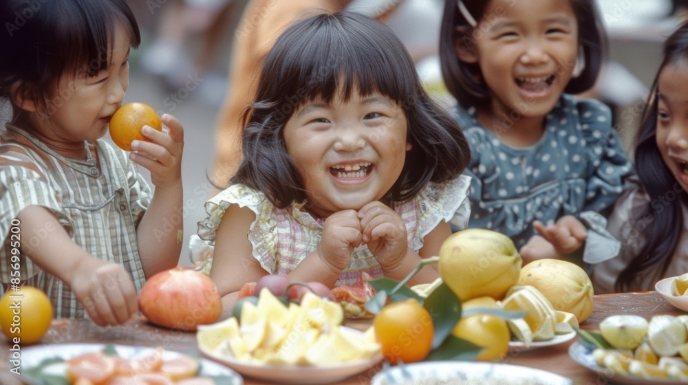 Childrens laughter as they sample different fruits and play ast the displays. Childrens laughter as they sample different fruits and play ast the displays.