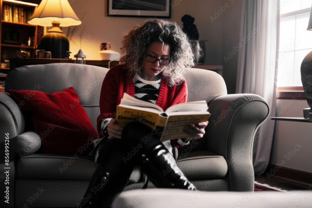 Female sitting on sofa and reading a book One woman, female sitting on sofa and reading a book at home Female sitting on sofa and reading a book One woman, female sitting on sofa and reading a book at home