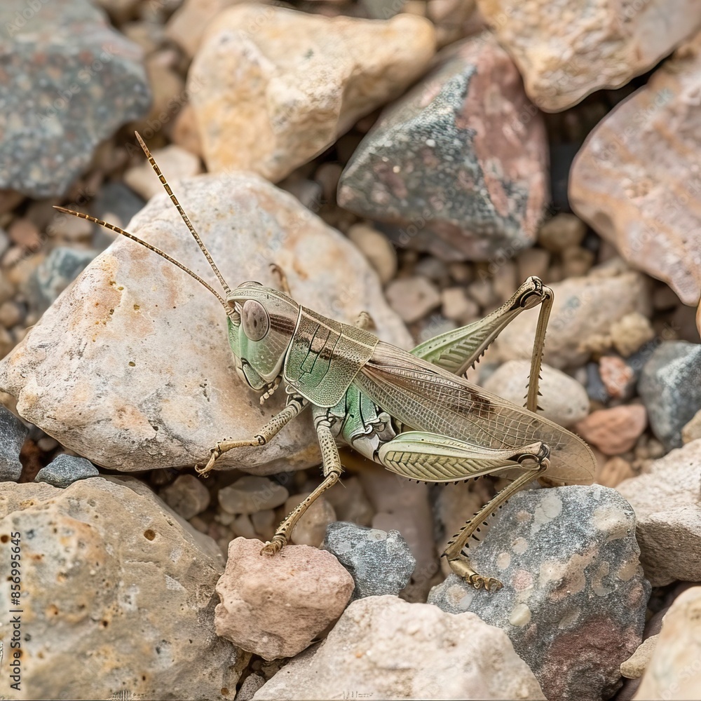 Grasshopper Trimerotropis pallidipennis camouflaged between stones and earth of the same color