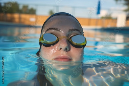 Portrait of a swimmer Portrait of a female swimmer looking at camera inside the pool where she trains